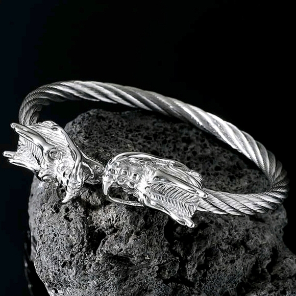 Dragon Viking Sterling Silver Plated Stainless Steel Bangle Cuff Bracelet - Picture 4 of 16